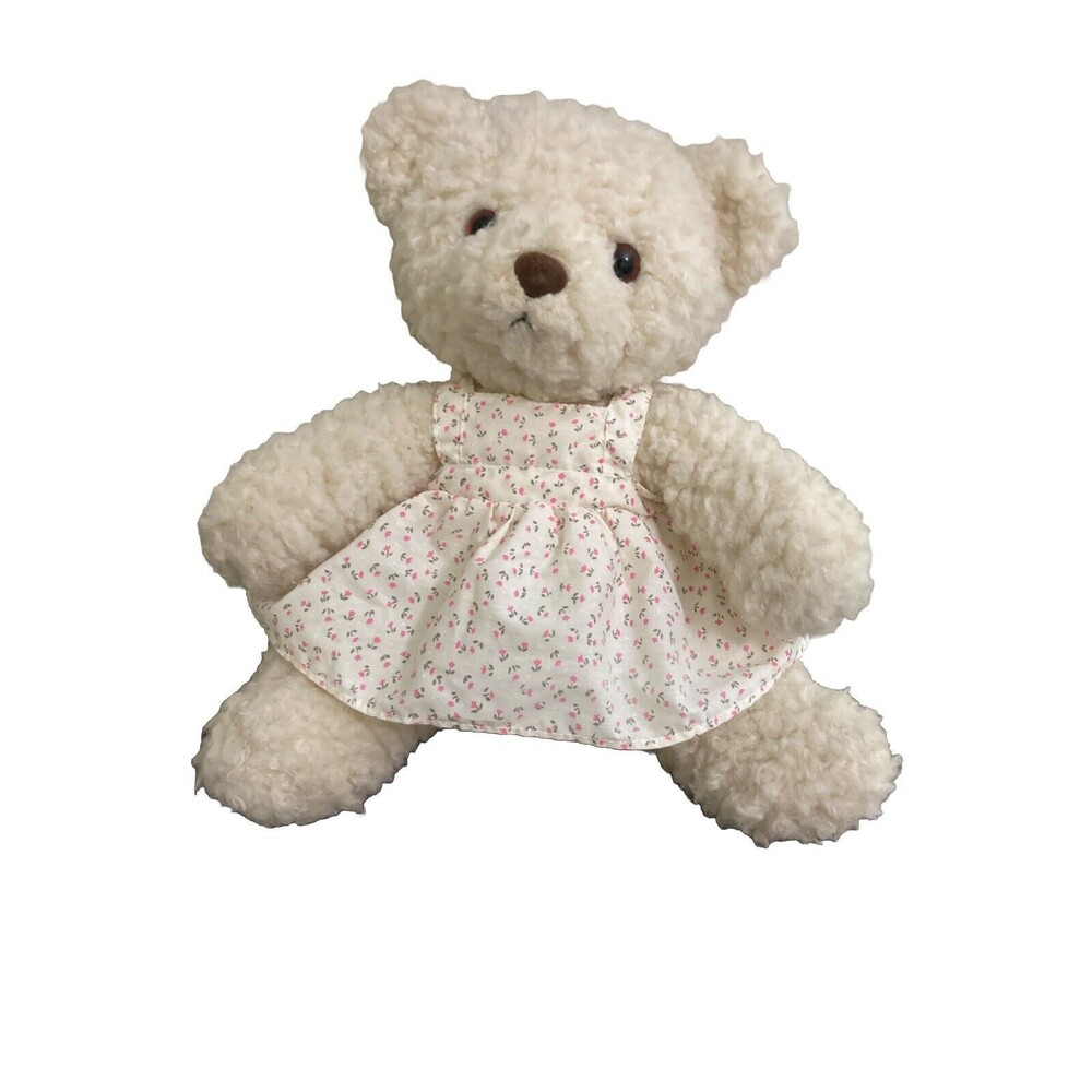 Vintage Walmart Woolly White Teddy Bear Plush with Cottage Farm Core Dress 14"